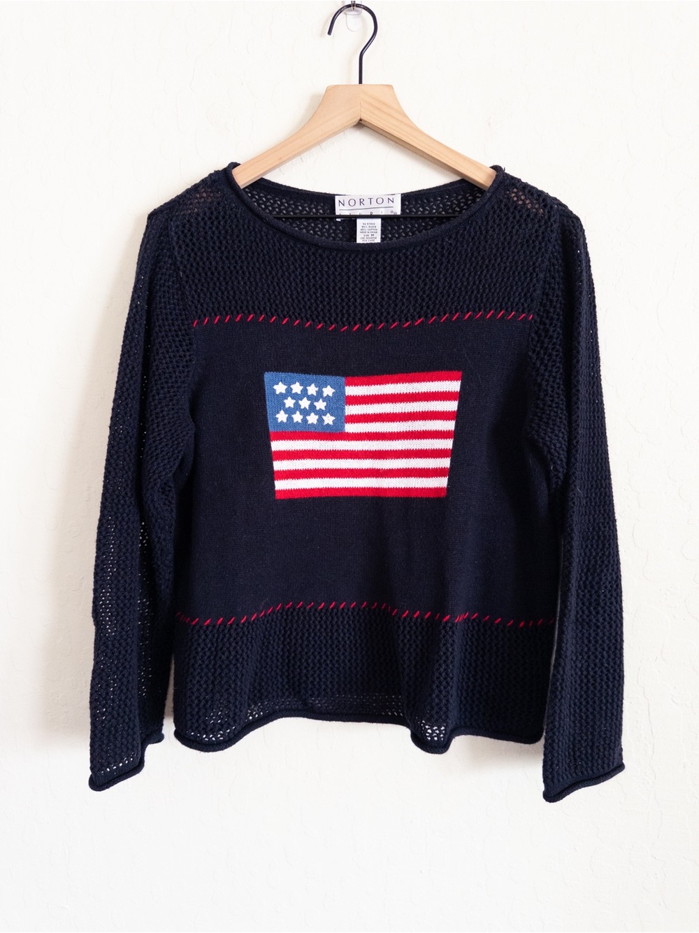 Vintage Norton Studio Cotton Ramie Open Knit American Flag Crewneck Sweater Med